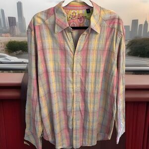 Robert Graham RAINBOW Striped Sport Shirt Floral‎ FLIP CUFFS Sz. XL EUC
